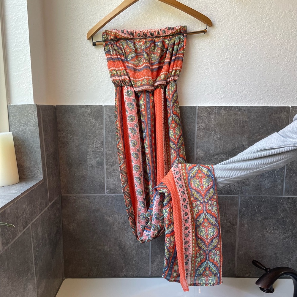 Multi-colored flowing vacation strapless maxi